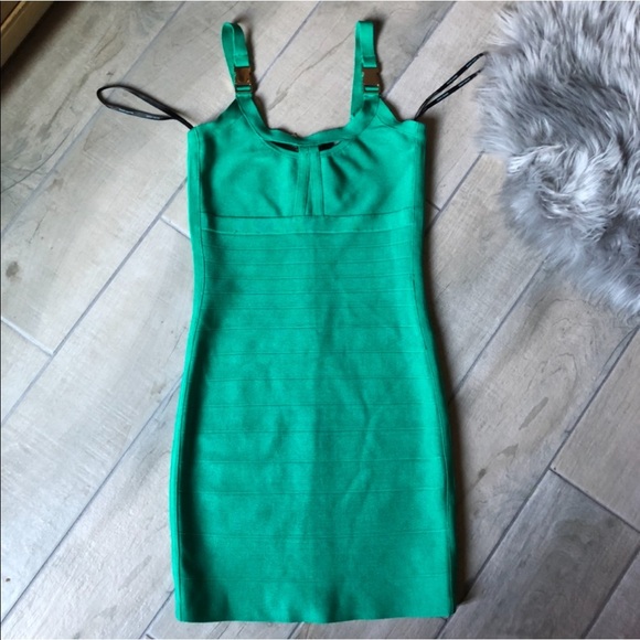 Marciano buckle strap teal keyhole cut out body con bandage dress. Size S - Picture 2 of 7